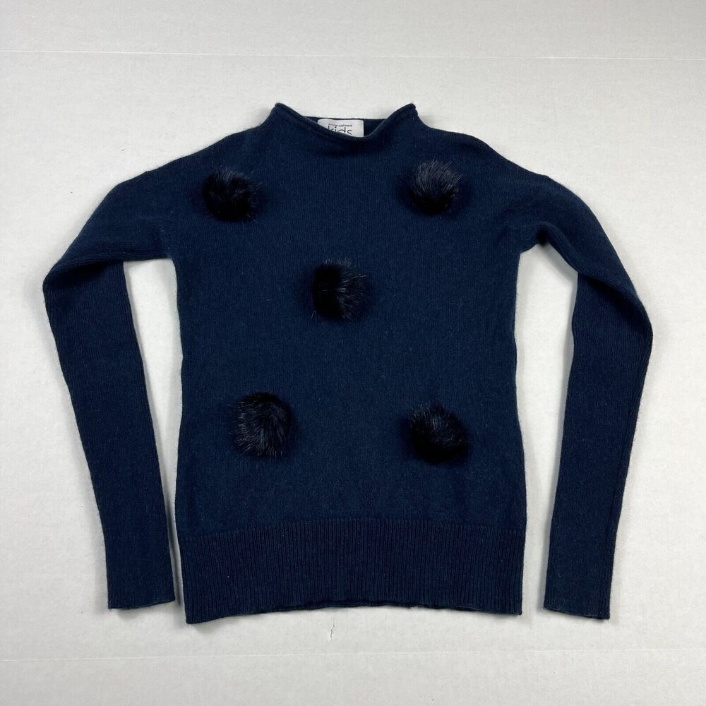 Autumn Cashmere Girls Pom Pom Sweater Blue Mock Neck Soft Knit Pullover Size 10